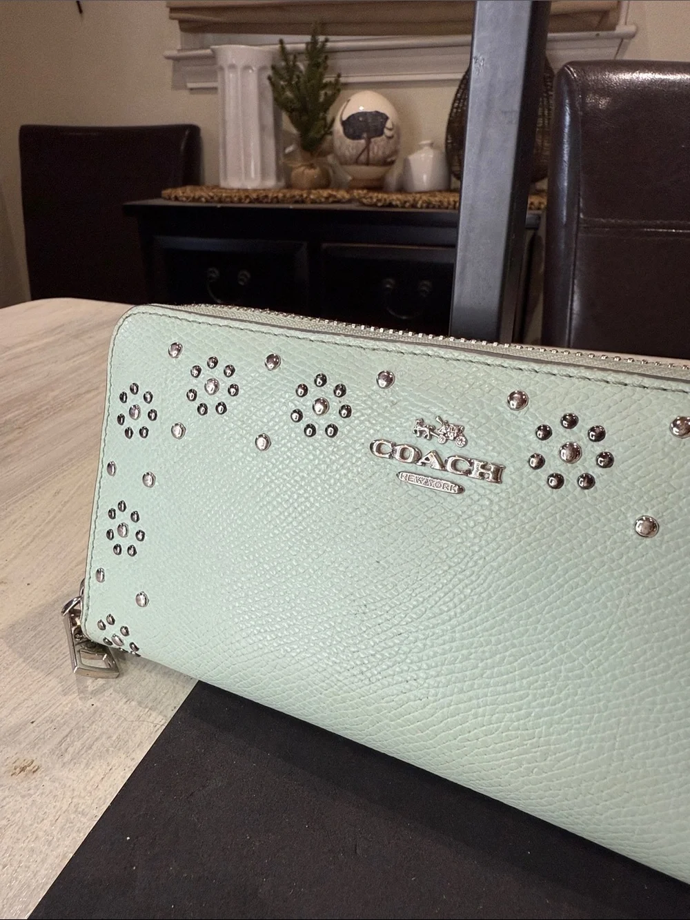 Coach Mint Green Leather Zip Wallet with Silver Stud Accents